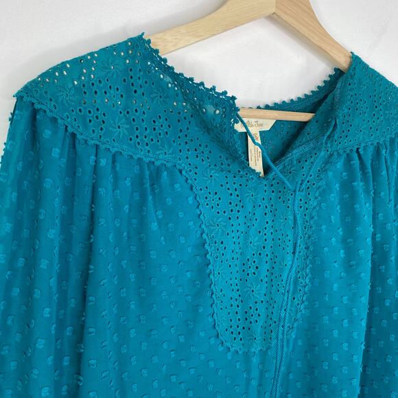 Matilda Jane Women Blue Embroidered Swiss Dot V-Neck Blouse Size XS Modest - Picture 4 of 6